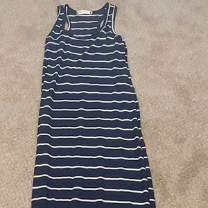 Long navy blue and white striped dress.